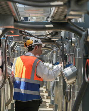 A man in safety clothing is checking oil and water pipes.